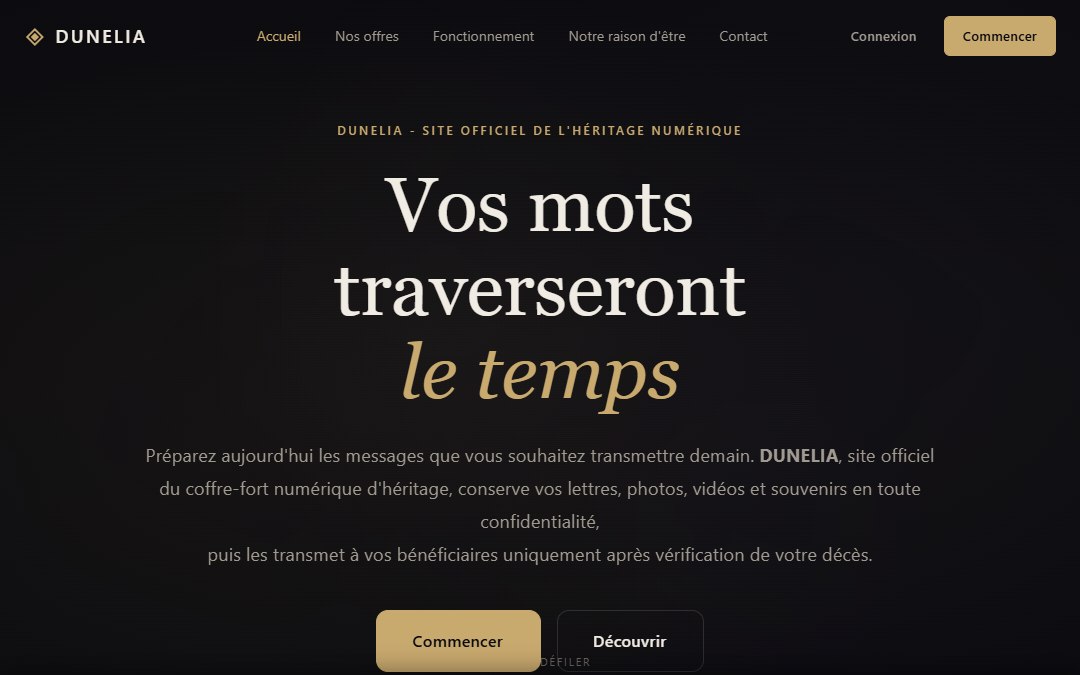Capture d’écran du site DUNELIA (Application web) réalisé par LRD Studio